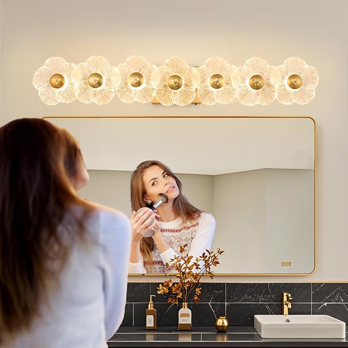 MantoLite Bathroom Light Fixtures Modern Vanity Light Over Mirror Adjustable 3000K-6000K Picture Lights Art Light with Floral Clear Glass Shades for Living Room Bedroom Wall Sconces (7 Light Gold)