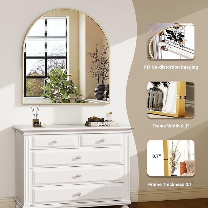 HARRITPURE 26"x28" Arched Bathroom Mirror Wall Mounted Gold Arch Mirror | Vanity Aluminum Alloy Frame Arch Wall Mirror for Living Room, Bedroom, Entryway