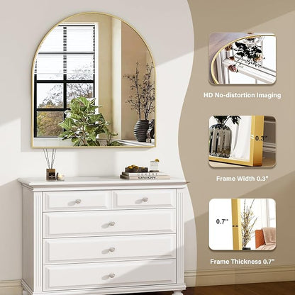 HARRITPURE 26"x28" Arched Bathroom Mirror Wall Mounted Gold Arch Mirror | Vanity Aluminum Alloy Frame Arch Wall Mirror for Living Room, Bedroom, Entryway