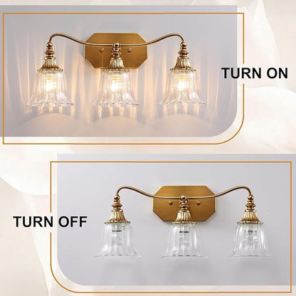 Gold Bathroom Vanity Light Fixture, 3 Lights Bathroom Lighting Matte Antique Brass Finish with Crystal Glass Shade, Gold Vintage Vanity Light for Bathrooms