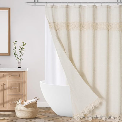 Linen Boho Lace Shower Curtain Liner Set 72x78 | Long Farmhouse Shower Curtain with Macrame Decor, Cotton Bohemian French Country Bath Curtain , Beige/Cream