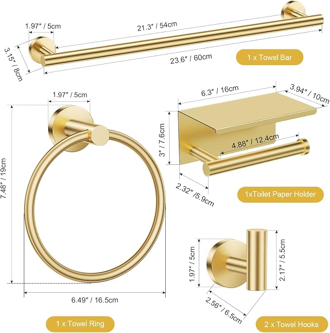 TURS Brushed Gold 5-Piece Bathroom Hardware Set Towel Bar Set SUS304 Stainless Steel Towel Racks for Bathroom Wall Mounted, 23.6-Inch