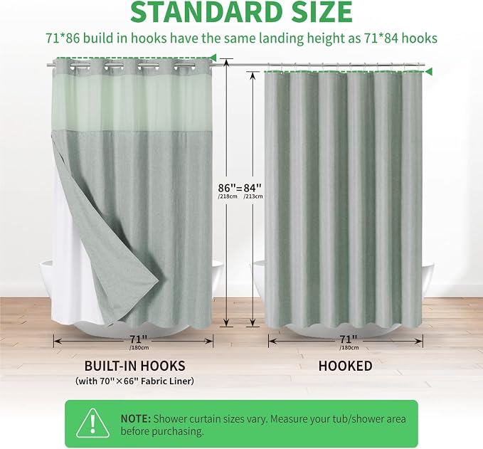eachope No Hook Fabric Shower Curtain with Snap-in Liner,71x86 Sage Green | Extra Long,Linen Texture,230GSM Thick Fabric,Mesh Window,Bottom Magnetic,Waterproof & Machine Washable,for Bathroom,Hotel Use