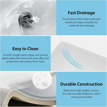 Wall Mount Sink Small - 17" x 9" Floating Bathroom Sink Rectangle White Porcelain Ceramic Right Hand Sink with Towel Rack