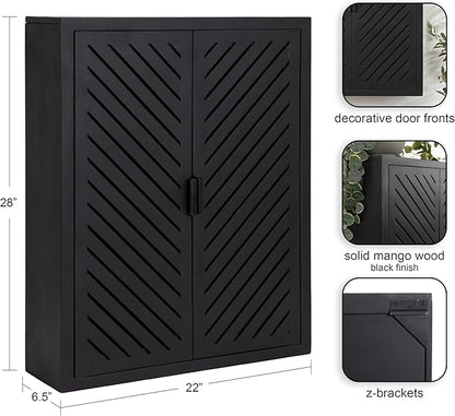 Kate and Laurel Mezzeta Decorative Modern Two-Door Floating Bathroom Cabinet; 22 x 7 x 28; Black; Decorative Over Toilet Storage Cabinet Made from Solid Mango Wood with Slatted Chevron Design