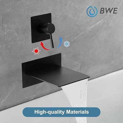 BWE Waterfall Tub Faucet Wall Mount Tub Filler Matte Black High Flow Brass Bathroom Bathtub Faucets with Single Handle