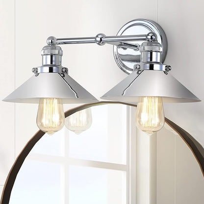 JONATHAN Y 17.5" Chrome 2-Light Industrial Farmhouse Metal Vanity Light Wall Sconce, Metal Shade for Bathroom Mirror, Kitchen, Entryway, LED Bulb Included (JYL7424A)