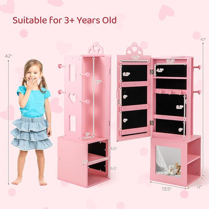 CHARMAID Kids Jewelry Cabinet Armoire, 47" Full Length Mirror, Coat Rack, Back Storage Shelves, Standing Vanity Dressing Mirror for Girls, Kids Jewelry Organizer (Pink)