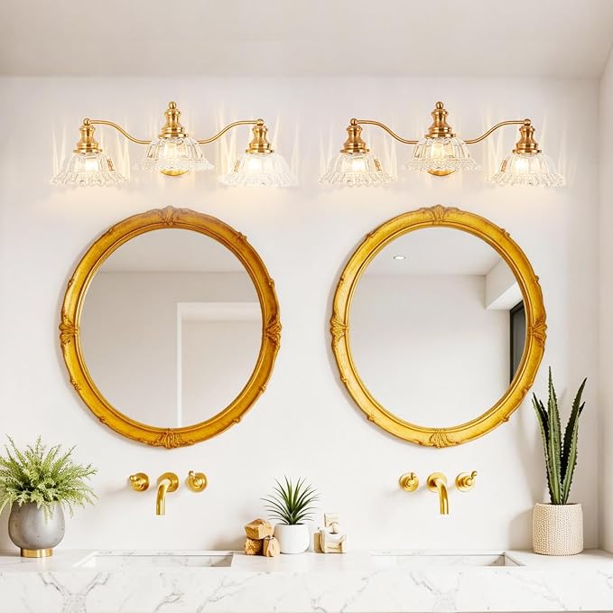 Gold Bathroom Light Fixtures Over Mirror, 3 Light Vintage Bathroom Vanity Light Fixture with Clear Flower Glass Shades, Retro Brass Vanity Lights for Bathroom, Bathroom Vanity Lights Over Mirror