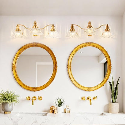 Gold Bathroom Light Fixtures Over Mirror, 3 Light Vintage Bathroom Vanity Light Fixture with Clear Flower Glass Shades, Retro Brass Vanity Lights for Bathroom, Bathroom Vanity Lights Over Mirror