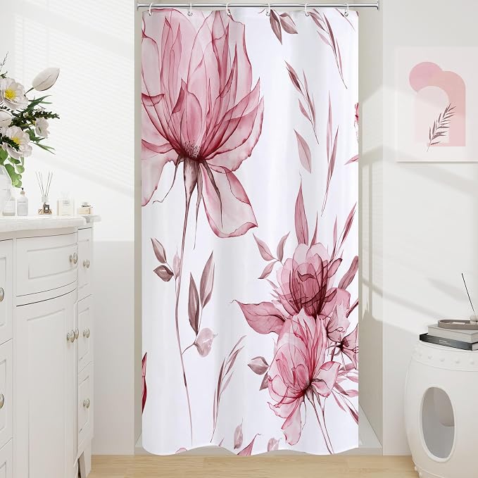 Burgundy Boho Floral Shower Curtain, Watercolor Botanical Design, 36 x 72 | Boho Floral Design, Watercolor Ink Painting Style, Botanical Flowers & Leaves, Elegant Bathroom Accent, Fabric Cloth Curtain