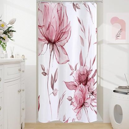 Burgundy Boho Floral Shower Curtain, Watercolor Botanical Design, 36 x 72 | Boho Floral Design, Watercolor Ink Painting Style, Botanical Flowers & Leaves, Elegant Bathroom Accent, Fabric Cloth Curtain