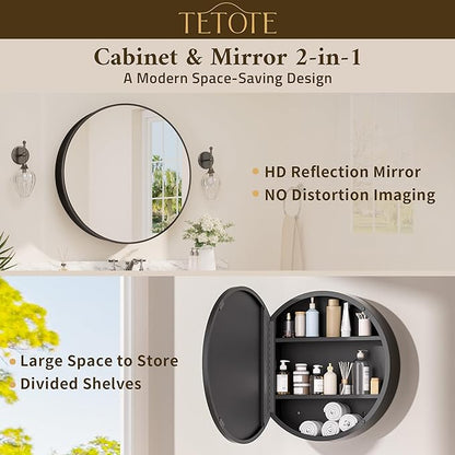 TETOTE Bathroom Mirror Cabinet 30 x 30 Black Round Bathroom Medicine Cabinet with Mirror Adjustable Shelves Farmhouse Wall Mirror with Storage Surface Mounted