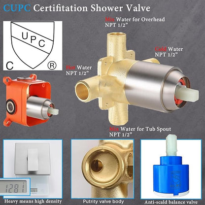 Shower Faucet Set with Tub Spout Brushed Nickel 10 Inch Rainfall Shower 4 Setting Spray Mixer Shower System Modern Luxury Wall Mounted Tub Shower Faucet Set Rough-in Valve Body (Brushed Nickel)