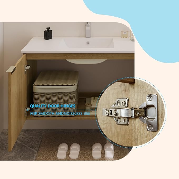 Modern Bathroom Vanity with Wavy Textured Doors - Wall Mounted Floating Cabinet, Soft-Close Waterproof Storage for Small Bathroom, Easy Install (Nature Without Sink, 36)