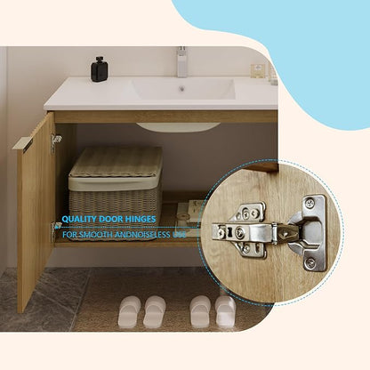Modern Bathroom Vanity with Wavy Textured Doors - Wall Mounted Floating Cabinet, Soft-Close Waterproof Storage for Small Bathroom, Easy Install (Nature Without Sink, 36)