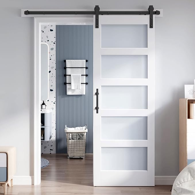 28x80 Inch Glass Sliding Barn Door Slab and 5ft Hardware Kit Included, 5 Frosted Glass, LVL Wood Panel Covered with White Water-Proof Scratch-Proof PVC Surface, Simple DIY Assembly