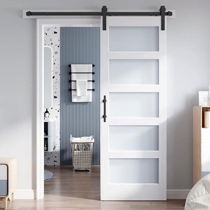 28x84 Inch Glass Sliding Barn Door Slab and 5ft Hardware Kit Included, 5 Frosted Glass, LVL Wood Panel Covered with White Water-Proof Scratch-Proof PVC Surface, Simple DIY Assembly