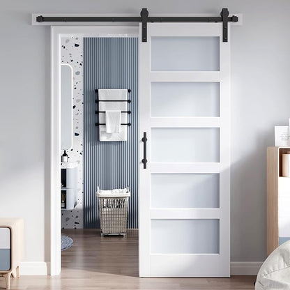 32x80 Inch Glass Sliding Barn Door Slab and 5.5ft Hardware Kit Included, 5 Frosted Glass, LVL Wood Panel Covered with White Water-Proof Scratch-Proof PVC Surface, Simple DIY Assembly