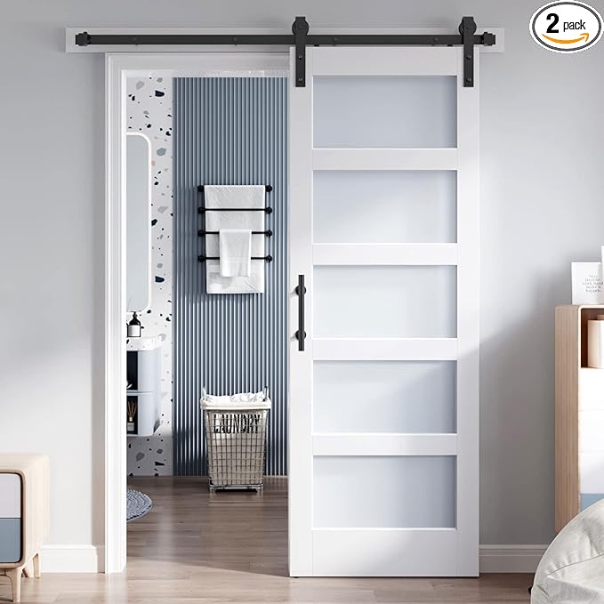 30x84 Inch Glass Sliding Barn Door Slab and 5.5ft Hardware Kit Included, 5 Frosted Glass, LVL Wood Panel Covered with White Water-Proof Scratch-Proof PVC Surface, Simple DIY Assembly