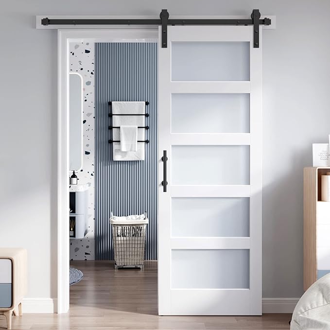 30x80 Inch Glass Sliding Barn Door Slab and 5.5ft Hardware Kit Included, 5 Frosted Glass, LVL Wood Panel Covered with White Water-Proof Scratch-Proof PVC Surface, Simple DIY Assembly