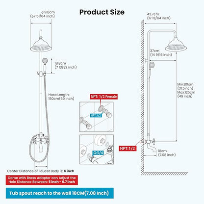 gotonovo Bathroom Exposed Shower Faucet Outdoor Shower System 8 Inch Rainfall Shower Head Set with Tub Spout and Handheld Spray Double Cross Handles Wall Mount without Shower Shelf Matte Black