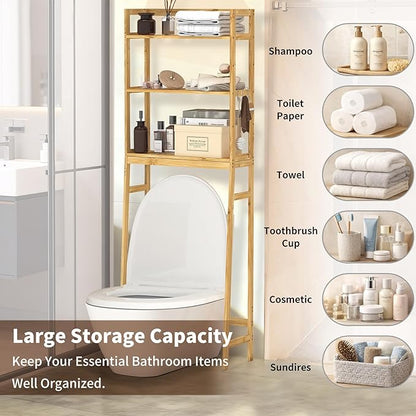 BAMBANG Over The Toilet Storage Rack, 3-Tier Over The Toilet Storage Shelf with 3 Hooks, Freestanding Above Toilet Bathroom Organizer Shelves for Space Saver Storage, Bamboo Natural