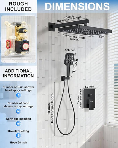 Matte Black 13-Inch Rainfall Shower System - Premium Shower Head & Handheld Sprayer, Complete Bathroom Set with Faucet Mixer Trim Kit & Valve