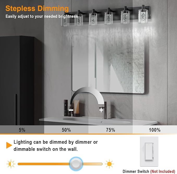 SineRise Vanity Light with 3 Color Modes (3000K/4000K/6000K), Eye Protection LED Bathroom Light Fixture, Dimmable Modern Wall Light Over Mirror with Clear Glass Shade (Black, 6-Light)