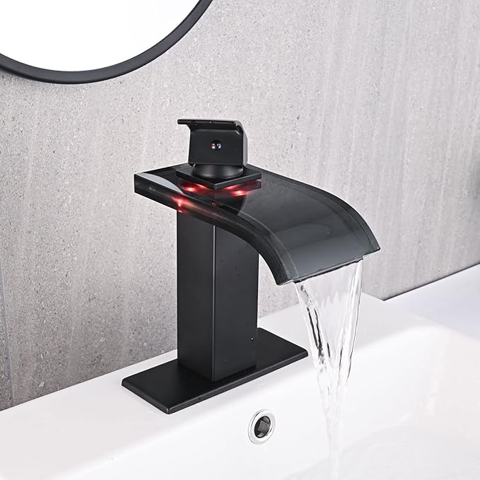 LED Bathroom Sink Faucet, Matte Black Waterfall Single Hole Handle Vanity Faucets for Sinks 1 Hole with Metal Pop Up Drain and 2 Water Supply Lines, Wide Glass Spout