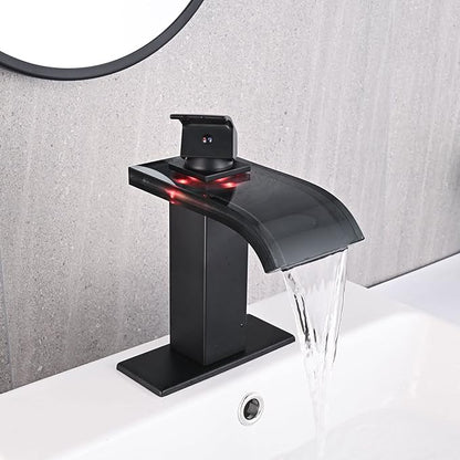 LED Bathroom Sink Faucet, Matte Black Waterfall Single Hole Handle Vanity Faucets for Sinks 1 Hole with Metal Pop Up Drain and 2 Water Supply Lines, Wide Glass Spout