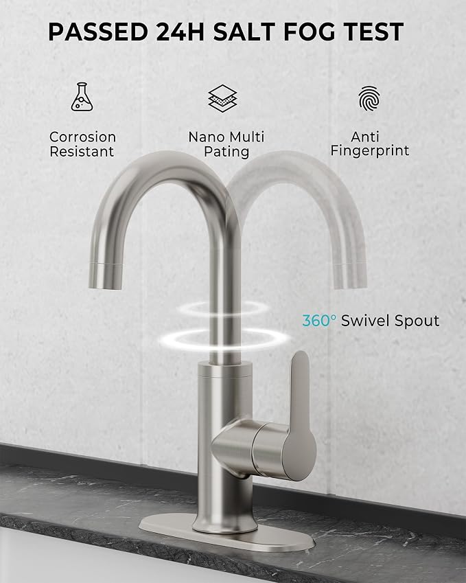 VXV Bathroom faucets Single Handle 360° Swivel Gooseneck Spout Optional Deckplate Bar Sink Faucet with Pop-up Drain and Hoses Brushed Nickel