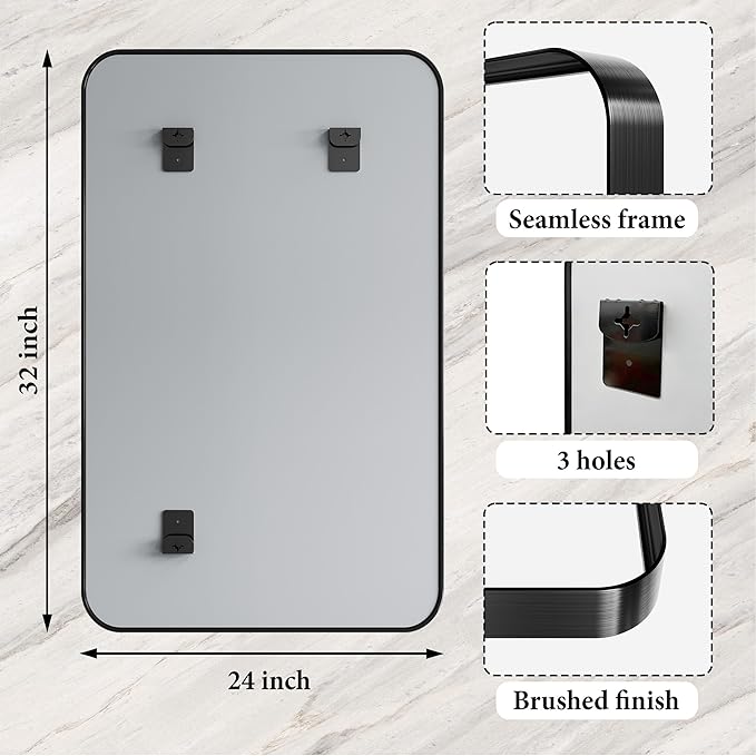 Matte Black Metal Framed Vanity Rounded Rectangle Bathroom 24X32 Inch Mirrors for Over Sink Wall,Modern Decorative for Restroom, Anti-Rust Aluminum Alloy Mirror, Horizontally or Vertically Hanging