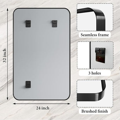 Matte Black Metal Framed Vanity Rounded Rectangle Bathroom 24X32 Inch Mirrors for Over Sink Wall,Modern Decorative for Restroom, Anti-Rust Aluminum Alloy Mirror, Horizontally or Vertically Hanging