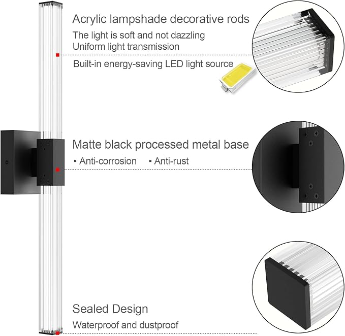 Ralbay 24inch Black Bathroom Vanity Light Bar 22W Modern LED Vanity Lights Matte Black Bathroom Wall Mounted Light Fixtures Over Mirror(5500K White Light)