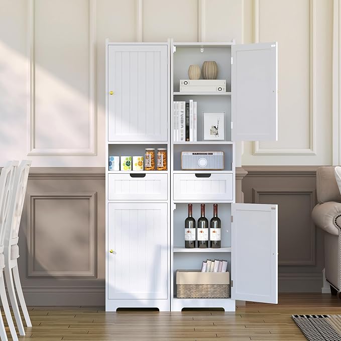 TidyHaven 67” Tall Bathroom Storage Cabinet, Slim Narrow Organizer with Adjustable Shelves, 2 Doors & 1 Drawer, Freestanding Floor Cabinet for Small Spaces, Kitchen, Living Room, White