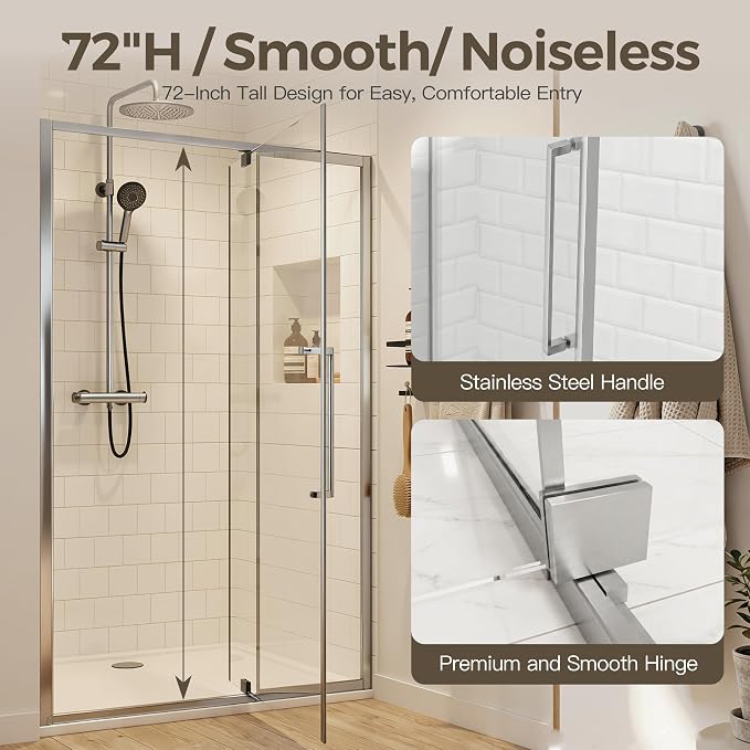 44-48" W x 72" H Semi-Frameless Pivot Swing Shower Doors, Chrome Finish | 1/4" (6mm) Clear SGCC Tempered Glass with a 24.8" walk-in opening, Reversible Installation, Magnetic Closing