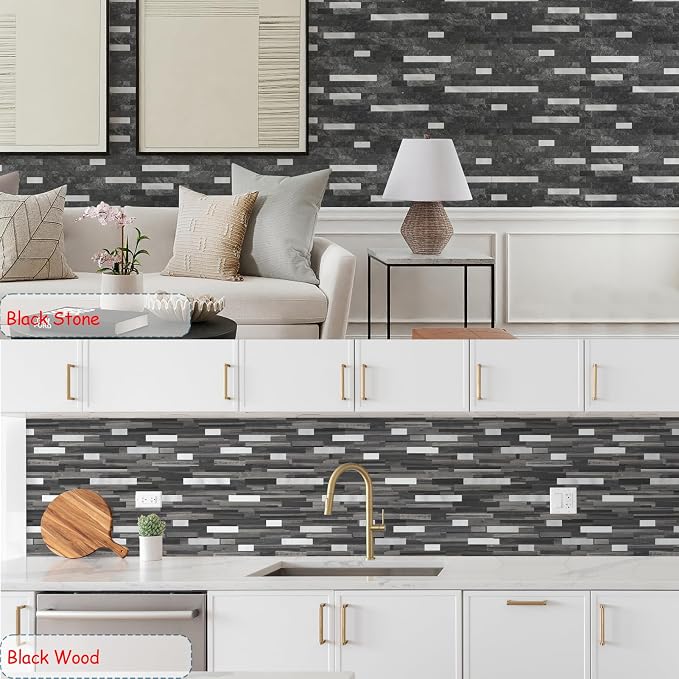 Yipscazo 10 Sheets Peel and Stick Stone Metal Tile Backsplash, Stick on Tiles for Backsplash Kitchen, Bathroom, Laundry Room, Camper, Fireplace (12'' X 12'', Pure Black)