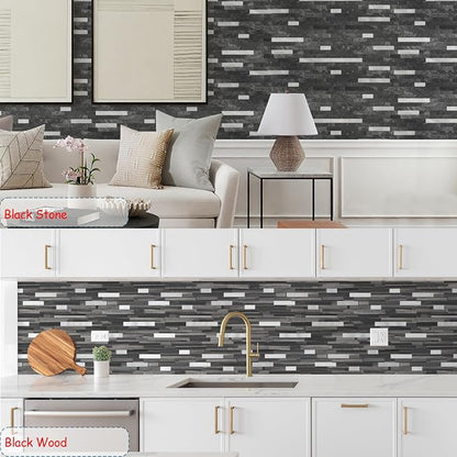 Yipscazo 10 Sheets Peel and Stick Stone Metal Tile Backsplash, Stick on Tiles for Backsplash Kitchen, Bathroom, Laundry Room, Camper, Fireplace (12'' X 12'', Pure Black)