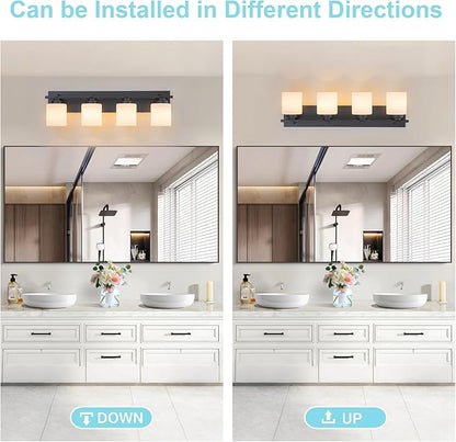 4 Light Modern Bathroom Light Fixtures Over Mirror, Black Vanity Lights for Bathroom Wall Sconces with Milky White Glass Shades, E26 Socket (Bulbs Not Included)