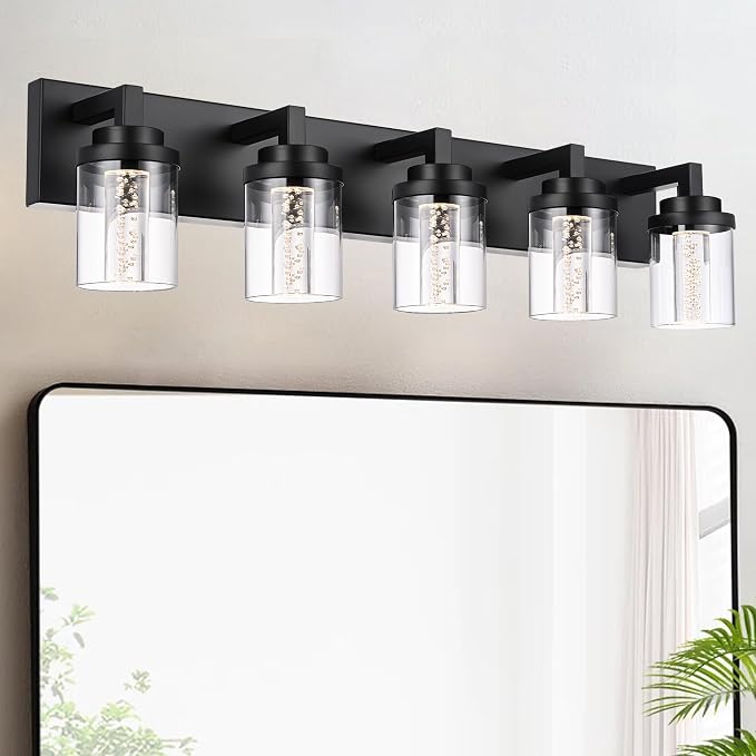 MELUCEE Black LED Vanity Lights for Bathroom 5 Color Temperature | 5CCT 25W Dimmable Bathroom Lights with Bubble Crystal and Clear Glass Shade,Built-In Led Chips,3000K-6000K