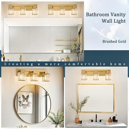 Brushed Gold Bathroom Light Fixtures, 3-Light Vanity Light Over Mirror | Wall Sconces with Square Crystal Shades, E26 Socket, Modern Vanity Lights for Bathroom (Bulbs Not Included)