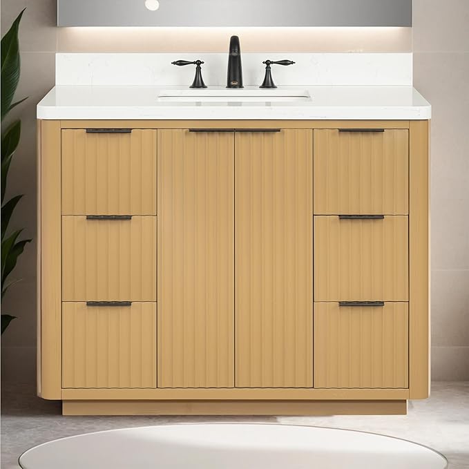Lavanti Wooderna 42 Inch Bathroom Vanity with Sink – Stylish Firwood Oak Vanity Bathroom with Storage Cabinet – Modern Bathroom Vanities with Single Vanity Sink & Quartz Countertop