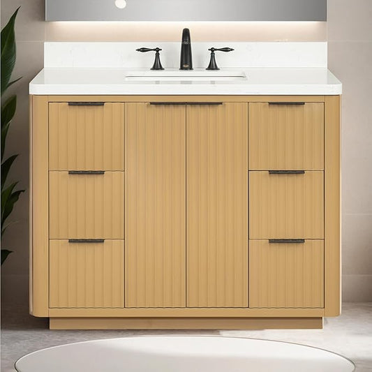 Lavanti Wooderna 42 Inch Bathroom Vanity with Sink – Stylish Firwood Oak Vanity Bathroom with Storage Cabinet – Modern Bathroom Vanities with Single Vanity Sink & Quartz Countertop