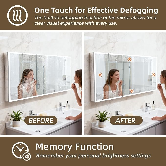 96x40" Extra-Wide LED Medicine Cabinet w/ Mirror, 5-Door Anti-Fog, Bathroom | Smart Touch, 3-Color Dimming, 10-Level Brightness, 5-Door Storage, Adjustable Shelves, DTC Soft-Close, 96" Double Vanity