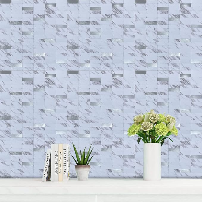 XUANINY Peel and Stick Tile Backsplash Self- Adhesive Wall Tiles Aluminum Mosaic Sticker for Kitchen (11.33"x11.92" Per Sheet, Pack of 10 pcs) (White Marble)
