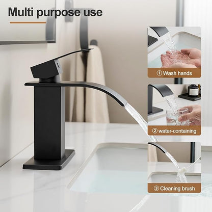 Waterfall Bathroom Faucet, Single Handle Matte Black Sink Faucet 1 Hole or 3 Hole for Lavatory, Washbasin, Vanity, Commercial, with Deck, Pop-up Drain and Supply Hoses