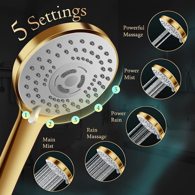 Shower Head,12'' Rain Shower Head with 11'' Extension Arm,Brushed Gold | 5 Settings High Pressure Handheld Shower Head Combo,Adjustable Powerful Shower Spray Against Low Pressure Water