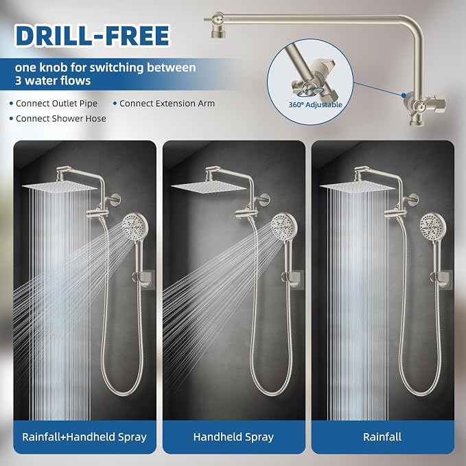 12" Metal Rainfall Shower Head with 10-Mode Handheld, Brushed Nickel | NSF/ANSI/CAN 372 Certified, High Pressure Showerhead Combo with 11" Adjustable Shower Arm, 71" Hose, Shower Head Holder