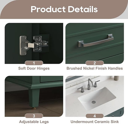 60 Inch Green Bathroom Vanity Single Sink, Fully Assembled Bathroom Vanities with Soft Closing Doors & Dovetail Drawers, Solid Wood Vanity Bathroom, 60 Inch Vanity Single Sink